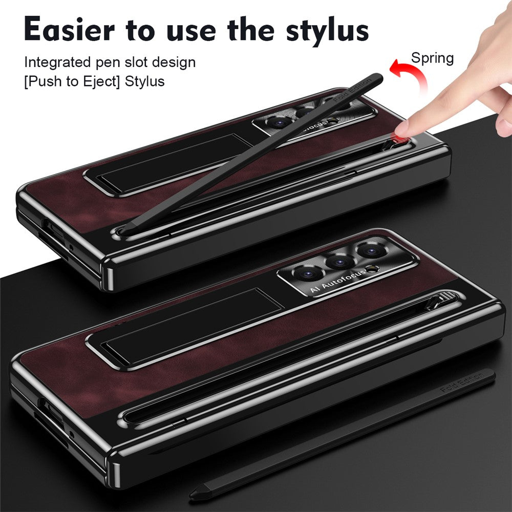 For Samsung Galaxy Z Fold7 5G Case Pen Slot Leather + PC Kickstand Phone Cover with Tempered Glass Film, Stylus - Wine Red