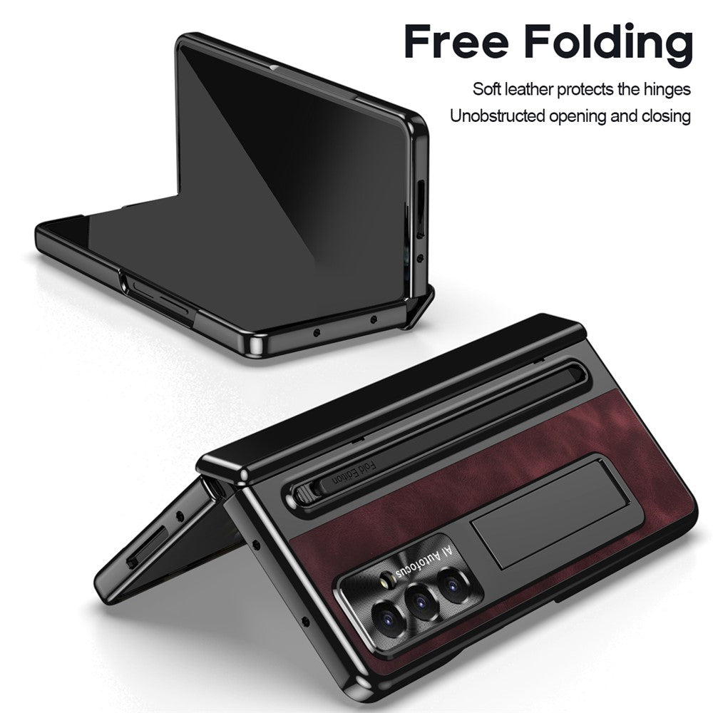 For Samsung Galaxy Z Fold7 5G Case Pen Slot Leather + PC Kickstand Phone Cover with Tempered Glass Film, Stylus - Wine Red