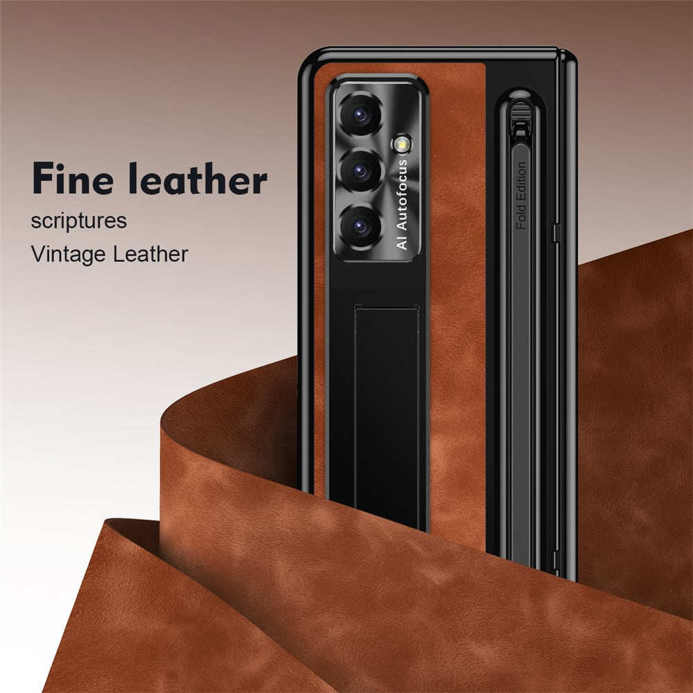 For Samsung Galaxy Z Fold7 5G Case Pen Slot Leather + PC Kickstand Phone Cover with Tempered Glass Film, Stylus - Brown