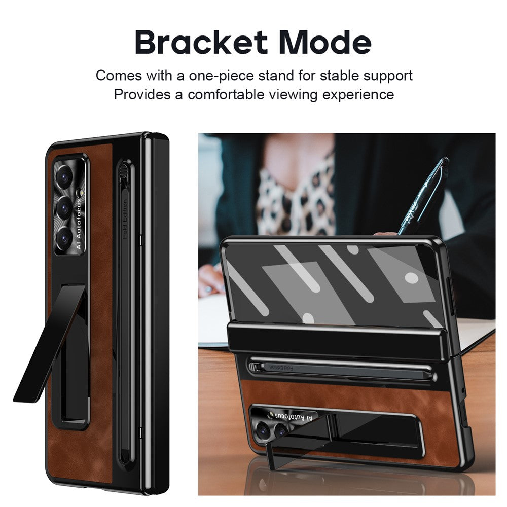 For Samsung Galaxy Z Fold7 5G Case Pen Slot Leather + PC Kickstand Phone Cover with Tempered Glass Film, Stylus - Brown