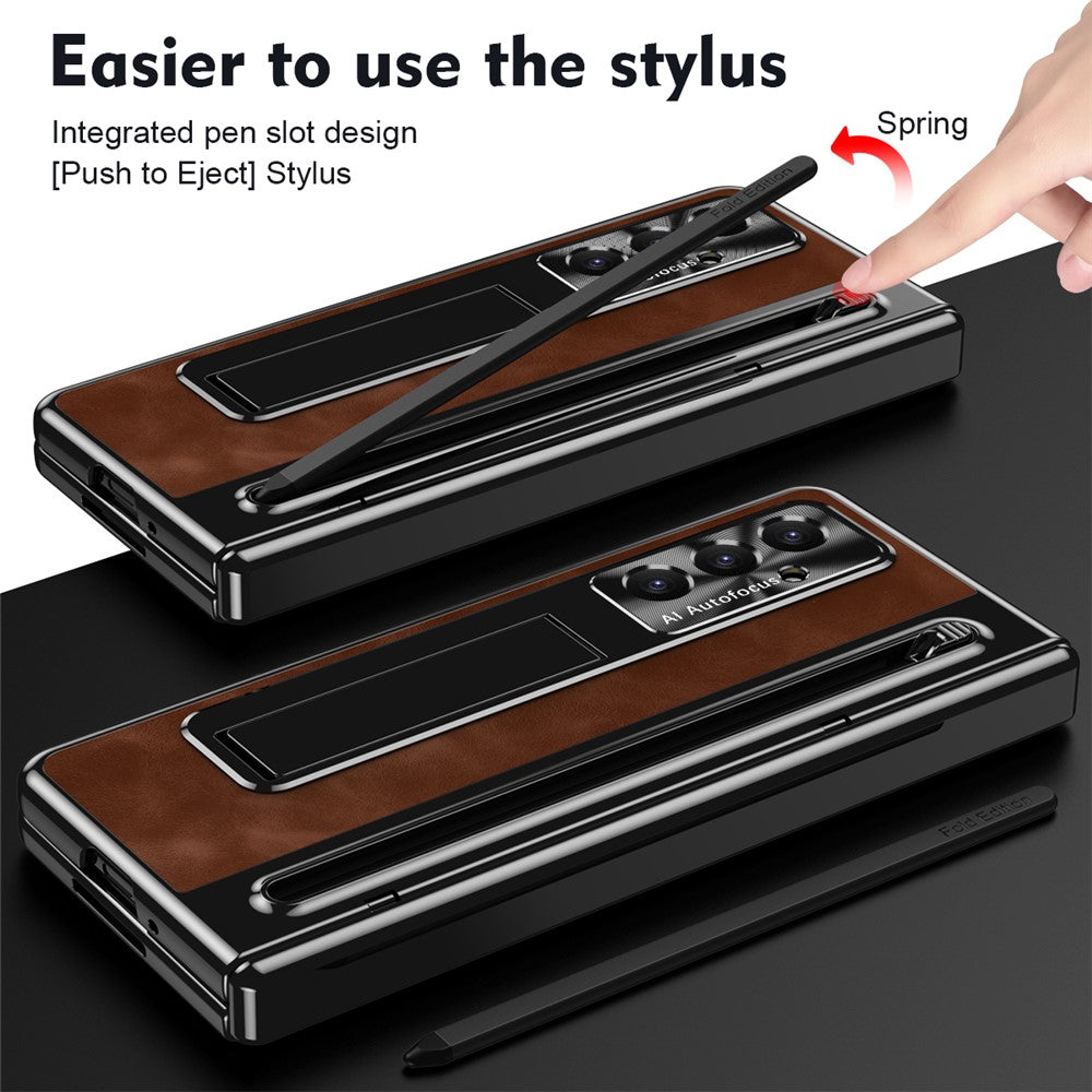 For Samsung Galaxy Z Fold7 5G Case Pen Slot Leather + PC Kickstand Phone Cover with Tempered Glass Film, Stylus - Brown