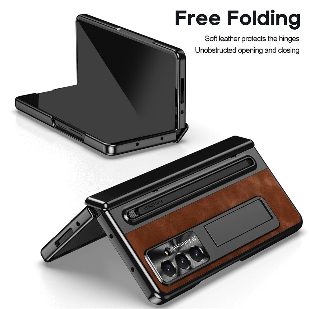 For Samsung Galaxy Z Fold7 5G Case Pen Slot Leather + PC Kickstand Phone Cover with Tempered Glass Film, Stylus - Brown