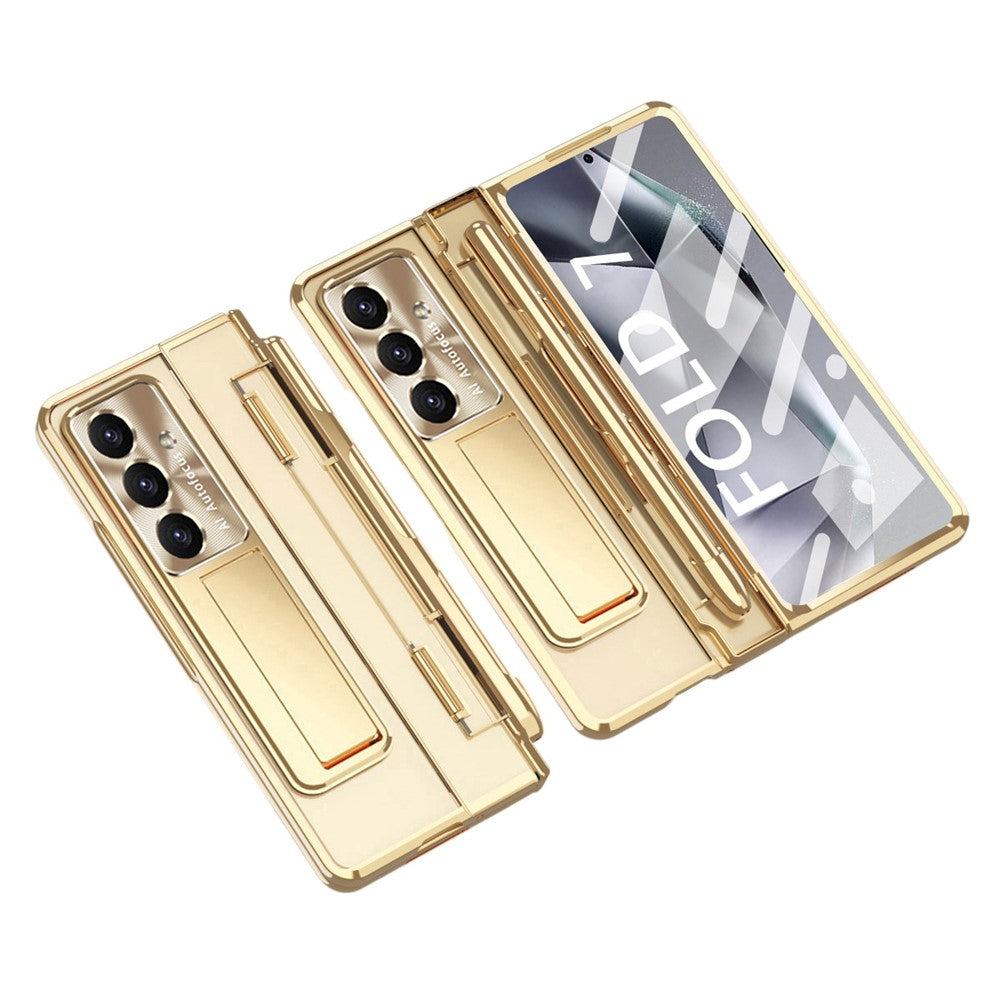 For Samsung Galaxy Z Fold7 5G Case Kickstand Hard PC Phone Cover with Screen Film / Stylus - Champagne Gold