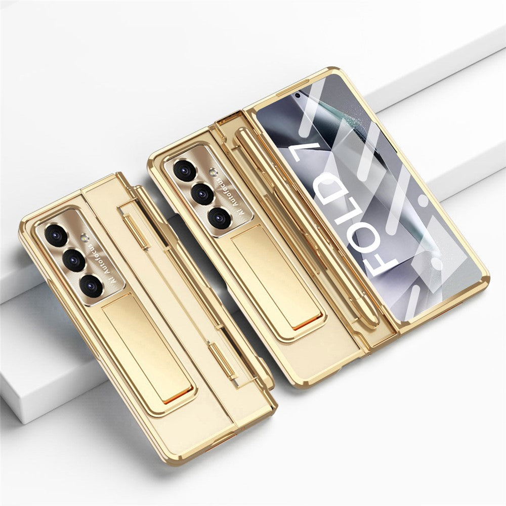 For Samsung Galaxy Z Fold7 5G Case Kickstand Hard PC Phone Cover with Screen Film / Stylus - Champagne Gold