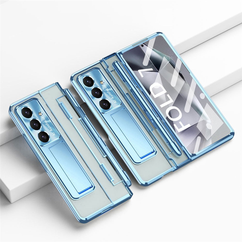 For Samsung Galaxy Z Fold7 5G Case Kickstand Hard PC Phone Cover with Screen Film / Stylus - Blue