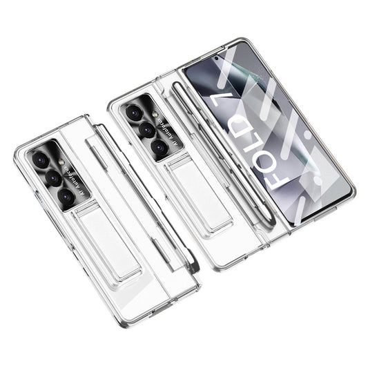 For Samsung Galaxy Z Fold7 5G Case Kickstand Hard PC Phone Cover with Screen Film / Stylus - Transparent