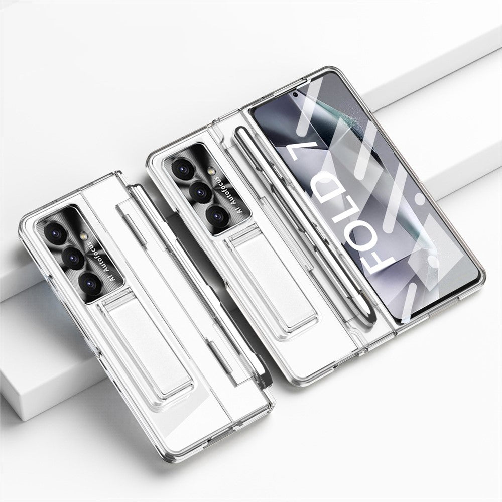 For Samsung Galaxy Z Fold7 5G Case Kickstand Hard PC Phone Cover with Screen Film / Stylus - Transparent
