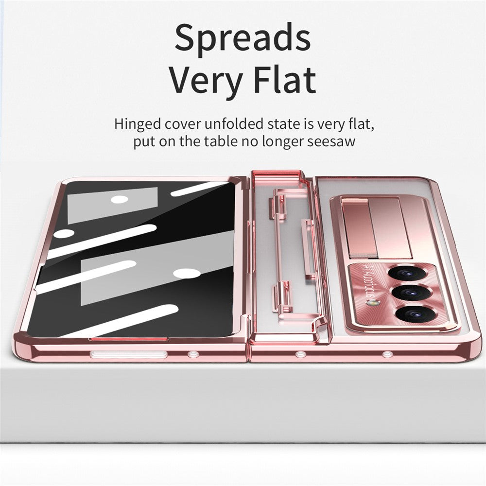 For Samsung Galaxy Z Fold7 5G Case Kickstand Hard PC Phone Cover with Screen Film - Rose Gold