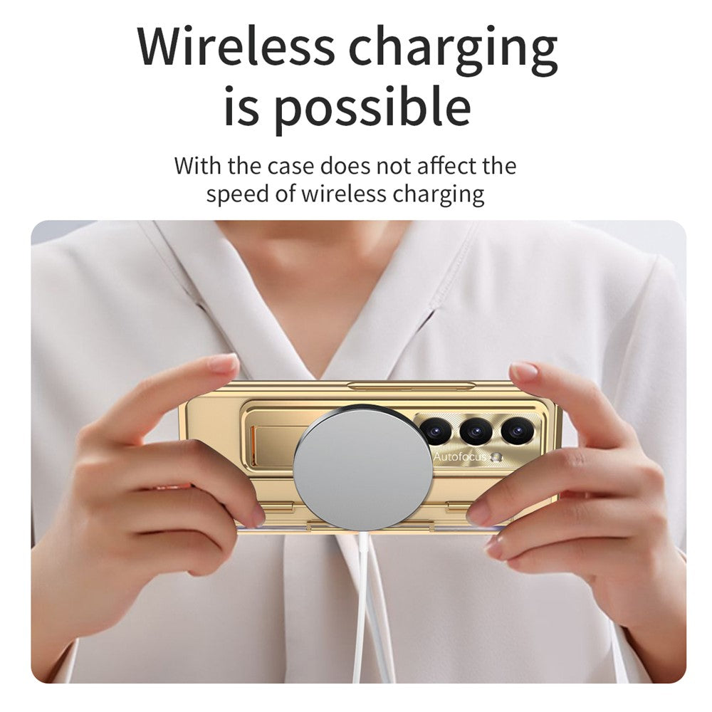 For Samsung Galaxy Z Fold7 5G Case Kickstand Hard PC Phone Cover with Screen Film - Champagne Gold