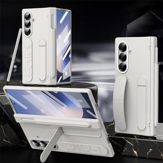 For Samsung Galaxy Z Fold7 5G Case Kickstand Wristband Hard PC Phone Cover with Pen Slot / Stylus - White