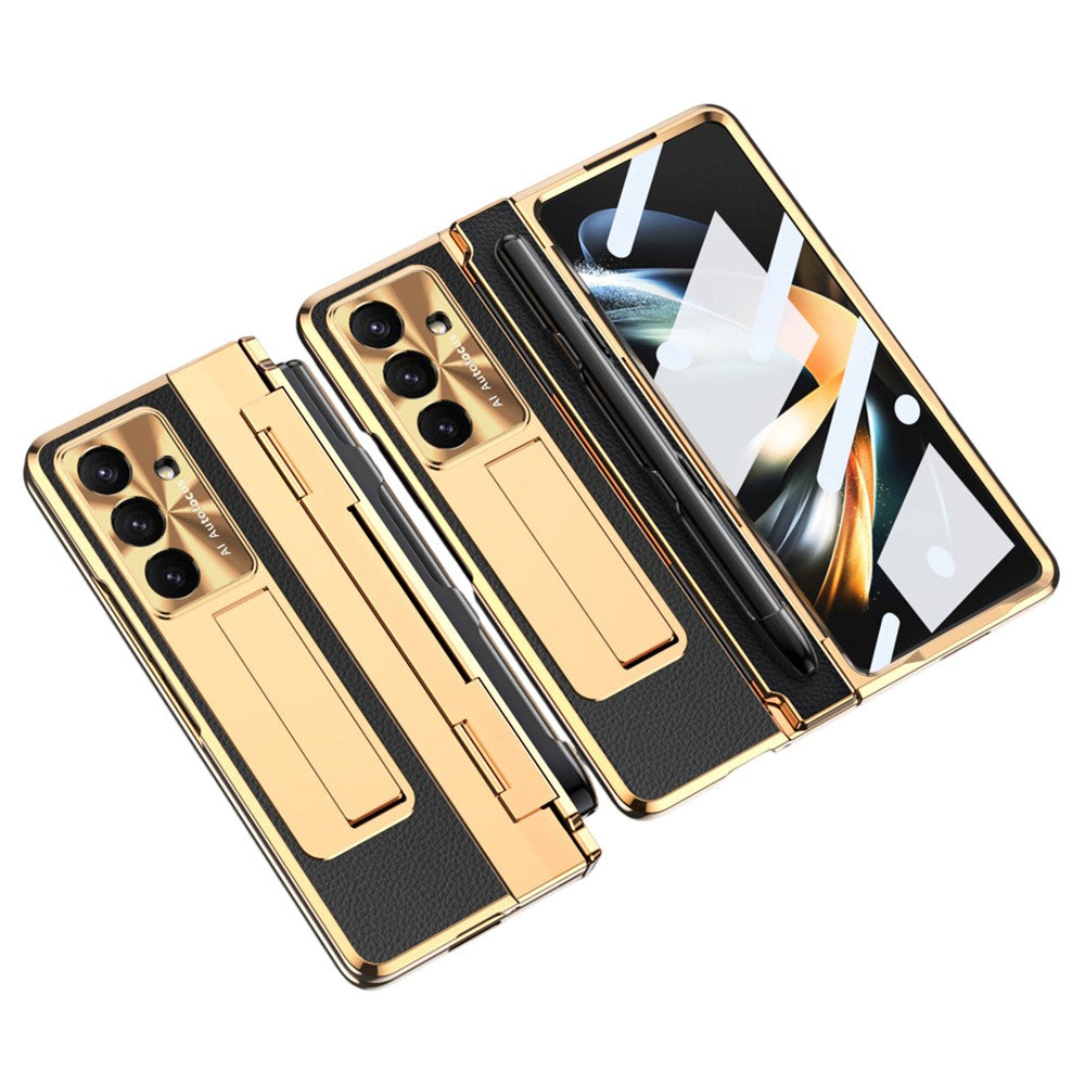 For Samsung Galaxy Z Fold7 5G Case Kickstand Leather + PC Phone Cover with Tempered Glass Film / Stylus - Gold + Black