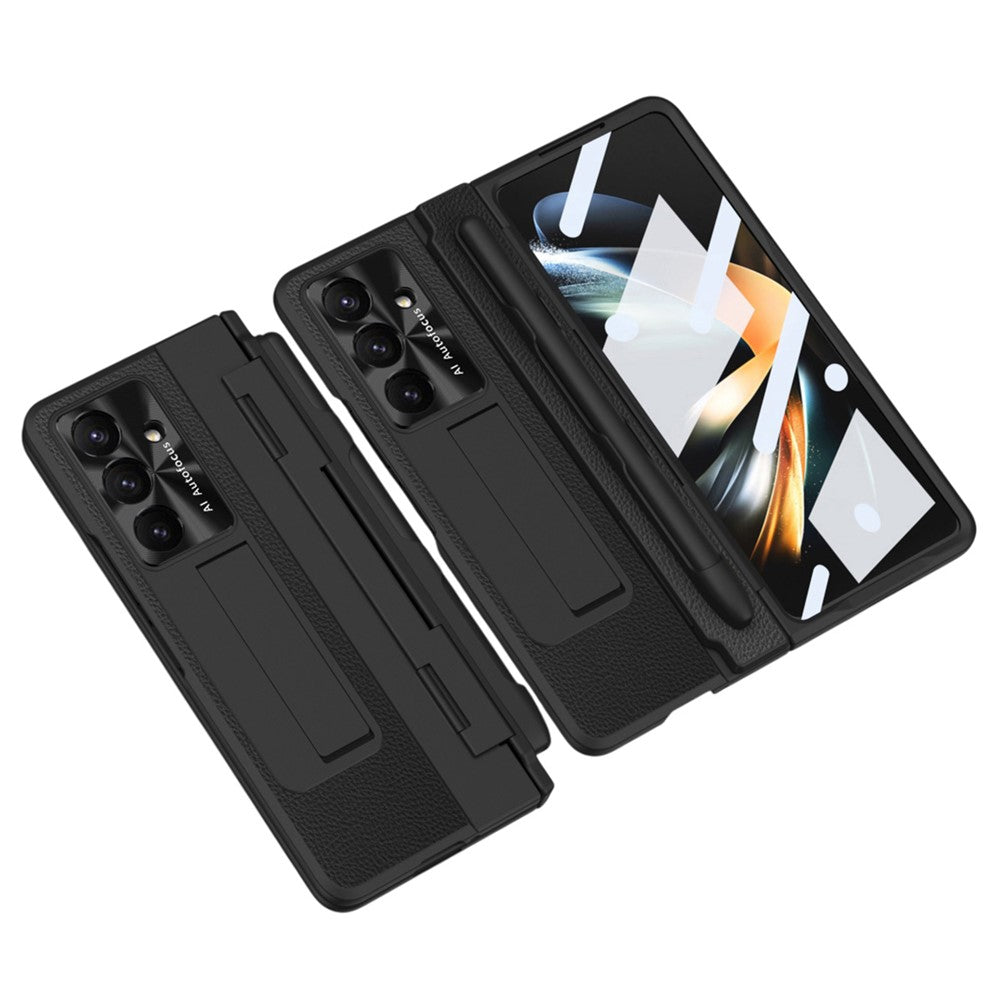 For Samsung Galaxy Z Fold7 5G Case Kickstand Leather + PC Phone Cover with Tempered Glass Film / Stylus - Black