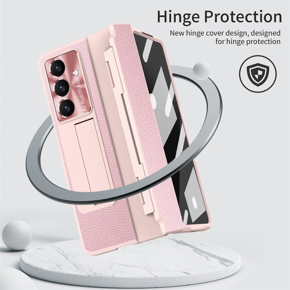 For Samsung Galaxy Z Fold7 5G Case Kickstand Leather + PC Phone Cover with Tempered Glass Film / Stylus - Black