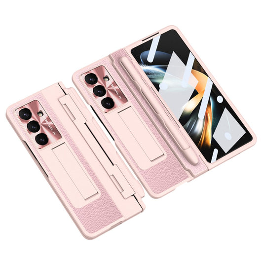 For Samsung Galaxy Z Fold7 5G Case Kickstand Leather + PC Phone Cover with Tempered Glass Film / Stylus - Pink