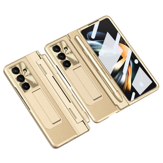For Samsung Galaxy Z Fold7 5G Case Kickstand Leather + PC Phone Cover with Tempered Glass Film / Stylus - Gold