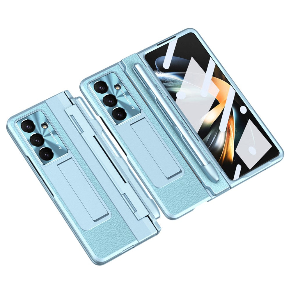 For Samsung Galaxy Z Fold7 5G Case Kickstand Leather + PC Phone Cover with Tempered Glass Film / Stylus - Blue