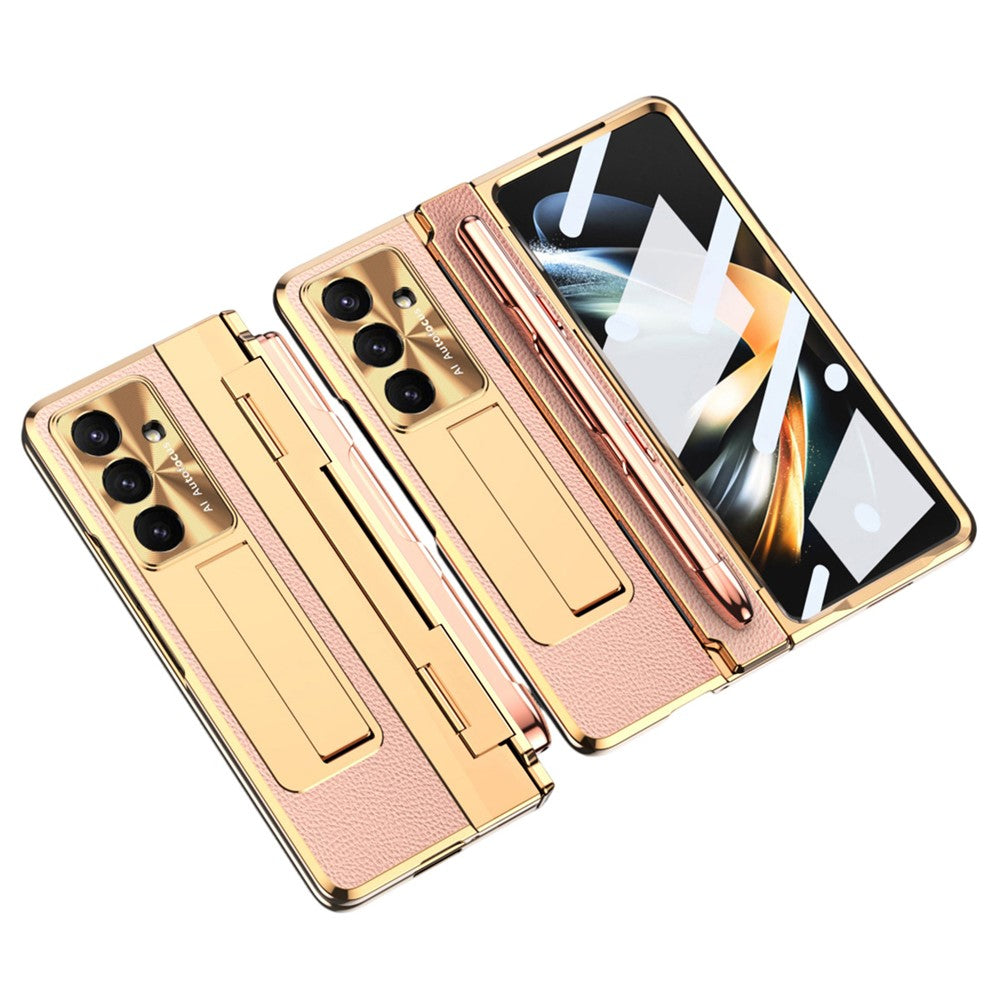 For Samsung Galaxy Z Fold7 5G Case Kickstand Leather + PC Phone Cover with Tempered Glass Film / Stylus - Gold + Pink