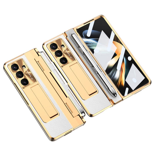 For Samsung Galaxy Z Fold7 5G Case Kickstand Leather + PC Phone Cover with Tempered Glass Film / Stylus - Gold + White