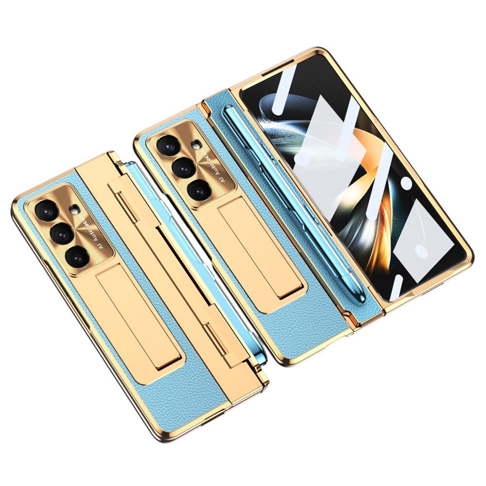 For Samsung Galaxy Z Fold7 5G Case Kickstand Leather + PC Phone Cover with Tempered Glass Film / Stylus - Gold + Blue