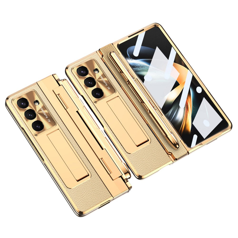 For Samsung Galaxy Z Fold7 5G Case Kickstand Leather + PC Phone Cover with Tempered Glass Film / Stylus - Gold + Gold