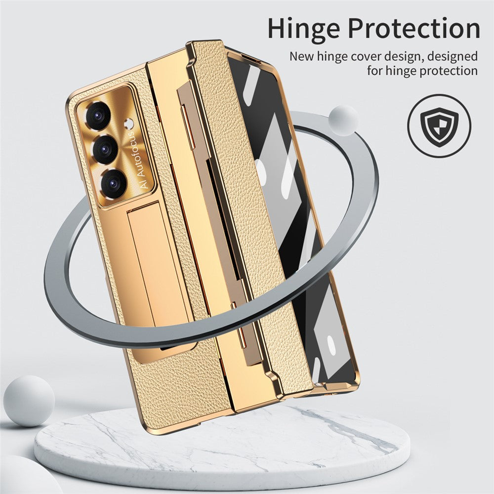 For Samsung Galaxy Z Fold7 5G Case Kickstand Leather + PC Phone Cover with Tempered Glass Film / Stylus - Gold + Gold