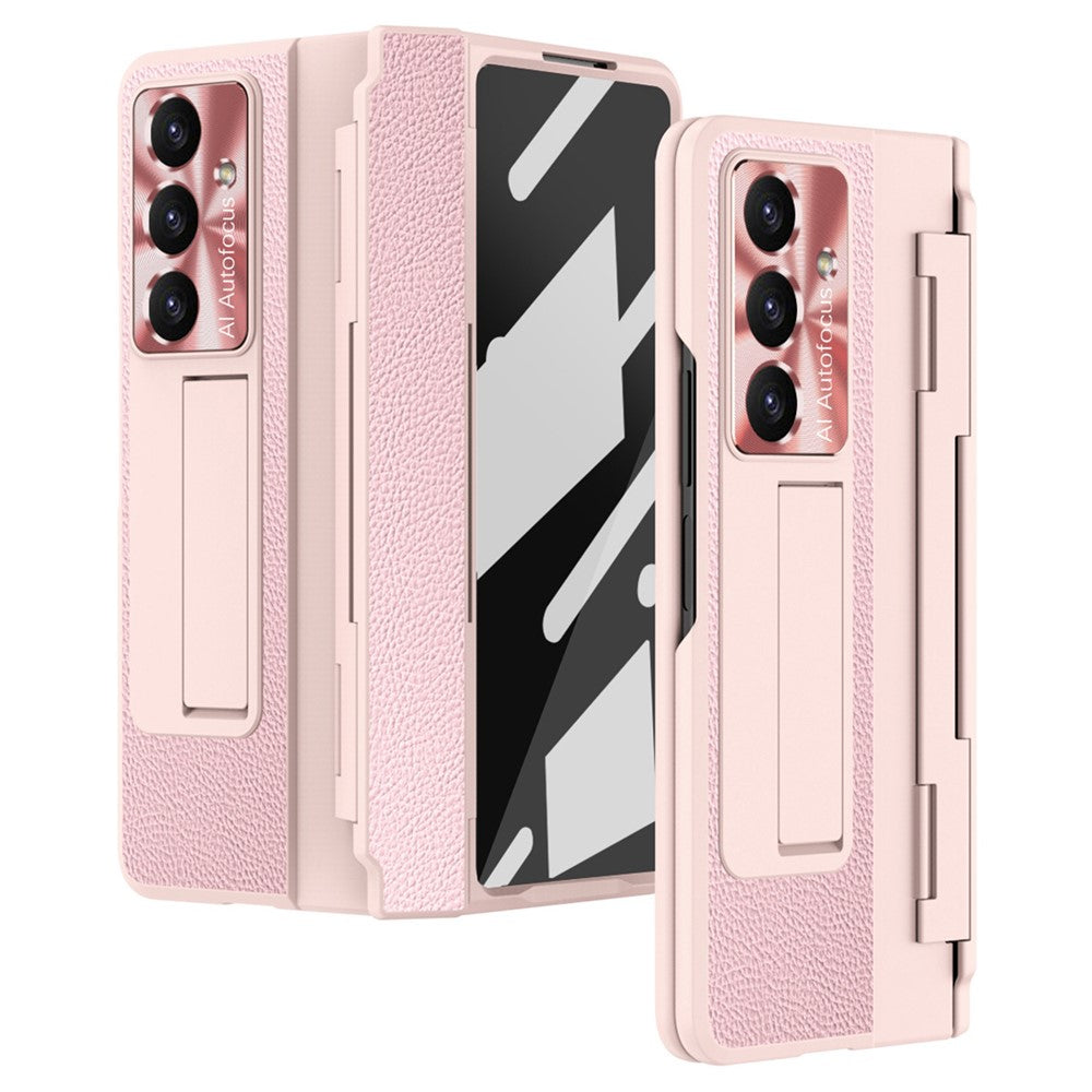 For Samsung Galaxy Z Fold7 5G Case Leather + PC Kickstand Phone Cover with Tempered Glass Film - Pink
