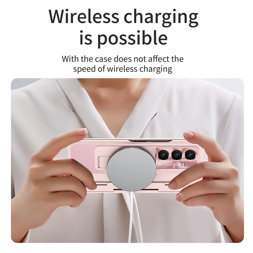 For Samsung Galaxy Z Fold7 5G Case Leather + PC Kickstand Phone Cover with Tempered Glass Film - Pink