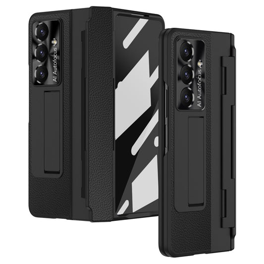 For Samsung Galaxy Z Fold7 5G Case Leather + PC Kickstand Phone Cover with Tempered Glass Film - Black