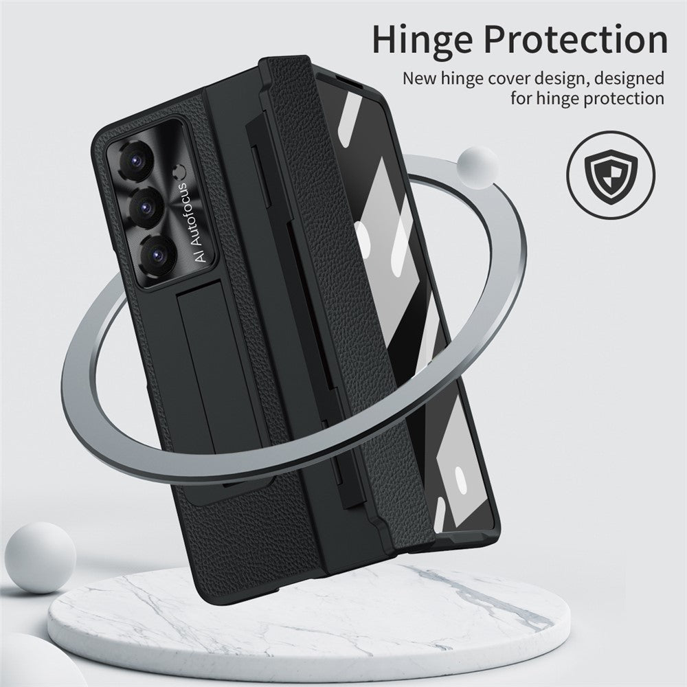 For Samsung Galaxy Z Fold7 5G Case Leather + PC Kickstand Phone Cover with Tempered Glass Film - Black