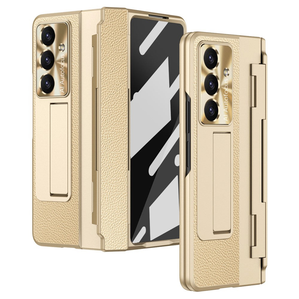 For Samsung Galaxy Z Fold7 5G Case Leather + PC Kickstand Phone Cover with Tempered Glass Film - Gold