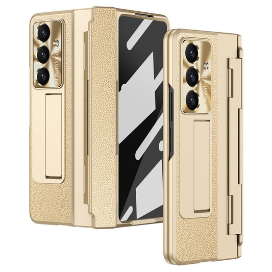 For Samsung Galaxy Z Fold7 5G Case Leather + PC Kickstand Phone Cover with Tempered Glass Film - Gold