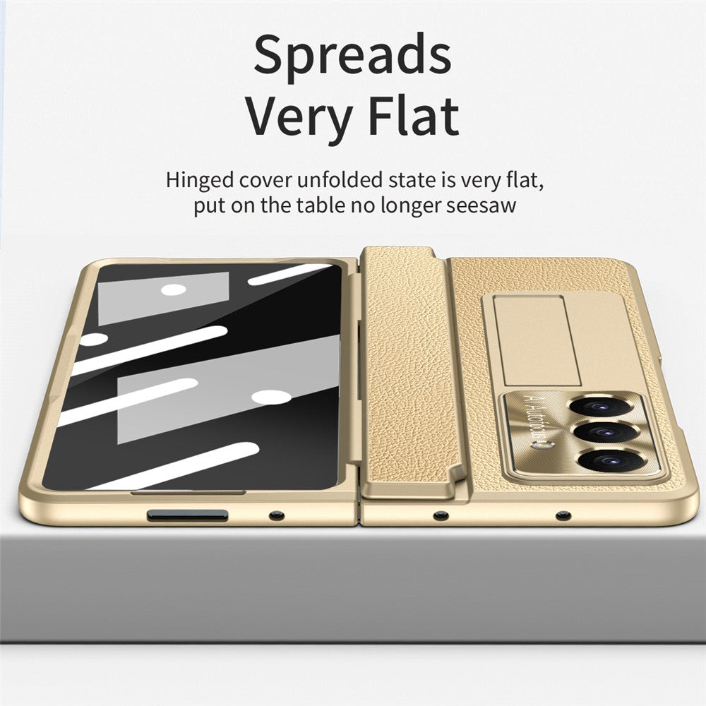 For Samsung Galaxy Z Fold7 5G Case Leather + PC Kickstand Phone Cover with Tempered Glass Film - Gold