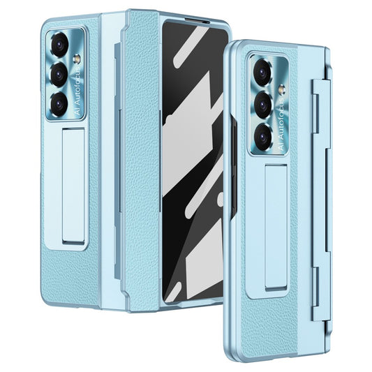 For Samsung Galaxy Z Fold7 5G Case Leather + PC Kickstand Phone Cover with Tempered Glass Film - Blue