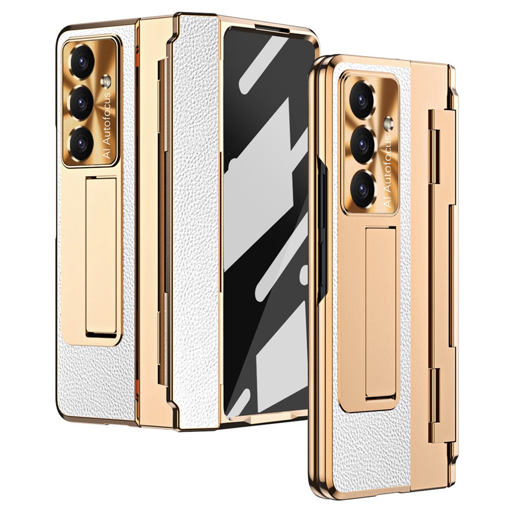 For Samsung Galaxy Z Fold7 5G Case Leather + PC Kickstand Phone Cover with Tempered Glass Film - Gold + White
