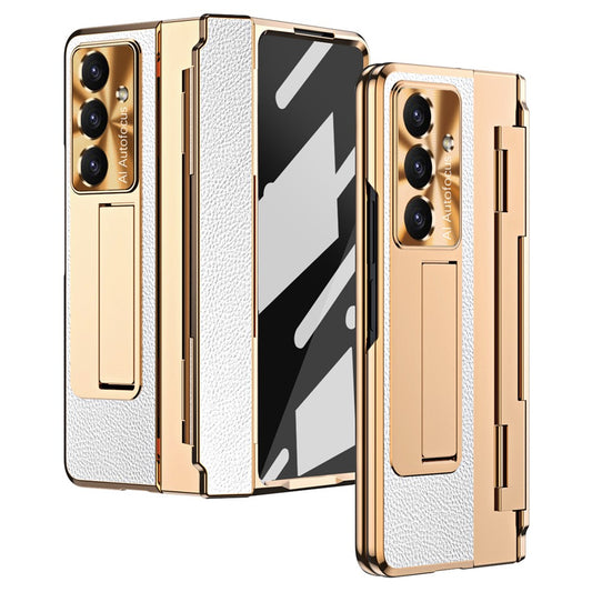 For Samsung Galaxy Z Fold7 5G Case Leather + PC Kickstand Phone Cover with Tempered Glass Film - Gold + White