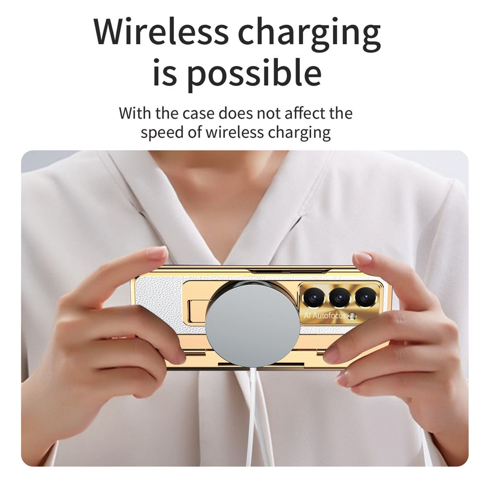 For Samsung Galaxy Z Fold7 5G Case Leather + PC Kickstand Phone Cover with Tempered Glass Film - Gold + White