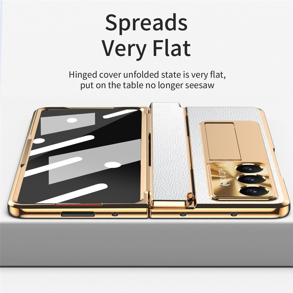 For Samsung Galaxy Z Fold7 5G Case Leather + PC Kickstand Phone Cover with Tempered Glass Film - Gold + White