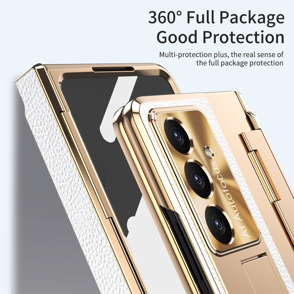 For Samsung Galaxy Z Fold7 5G Case Leather + PC Kickstand Phone Cover with Tempered Glass Film - Gold + White