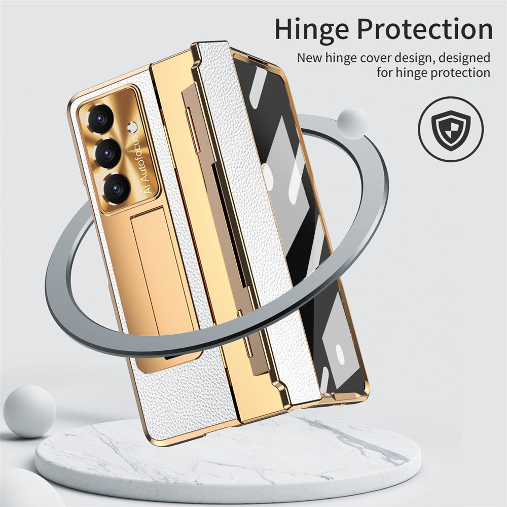 For Samsung Galaxy Z Fold7 5G Case Leather + PC Kickstand Phone Cover with Tempered Glass Film - Gold + White