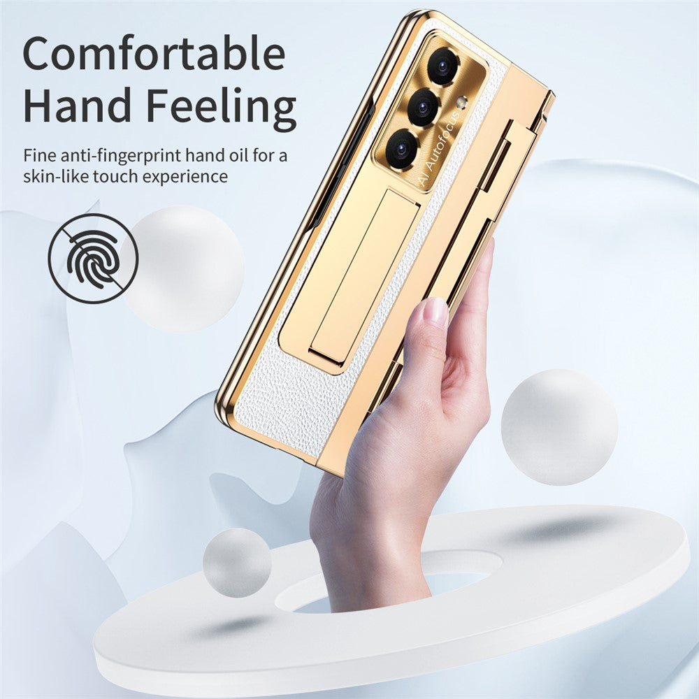 For Samsung Galaxy Z Fold7 5G Case Leather + PC Kickstand Phone Cover with Tempered Glass Film - Gold + White