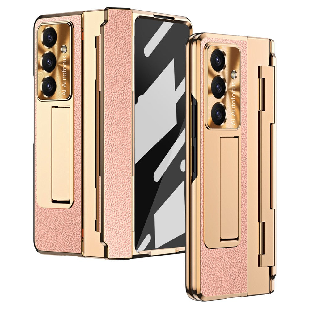 For Samsung Galaxy Z Fold7 5G Case Leather + PC Kickstand Phone Cover with Tempered Glass Film - Gold + Pink