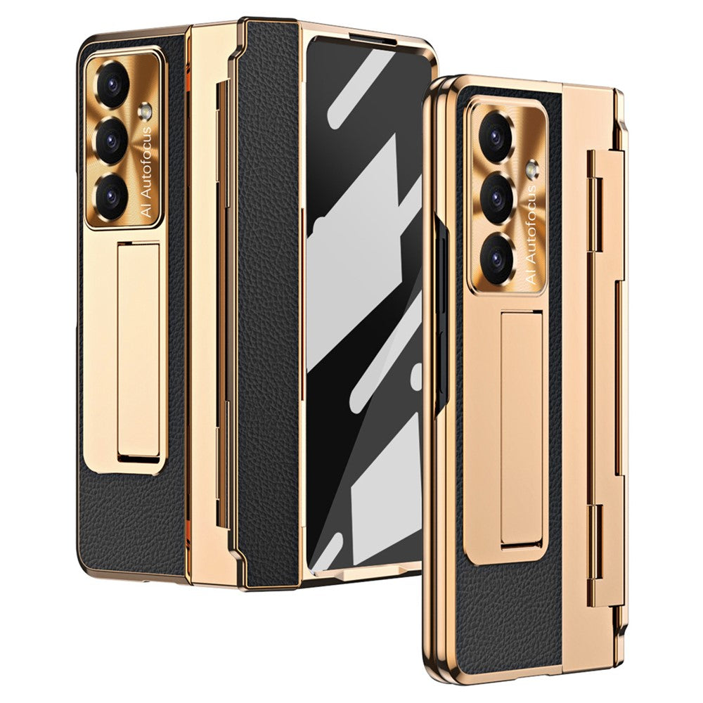 For Samsung Galaxy Z Fold7 5G Case Leather + PC Kickstand Phone Cover with Tempered Glass Film - Gold + Black