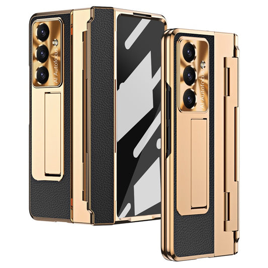 For Samsung Galaxy Z Fold7 5G Case Leather + PC Kickstand Phone Cover with Tempered Glass Film - Gold + Black