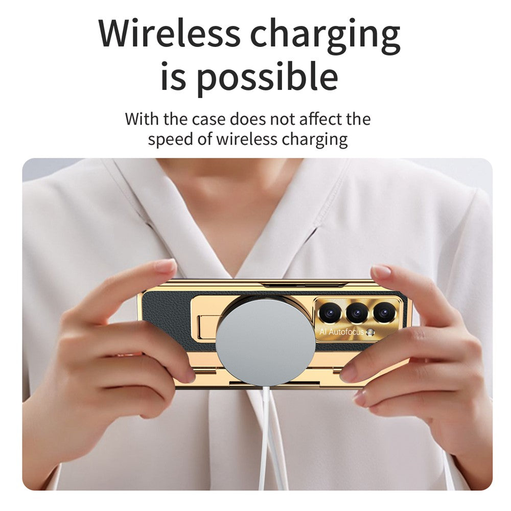 For Samsung Galaxy Z Fold7 5G Case Leather + PC Kickstand Phone Cover with Tempered Glass Film - Gold + Black