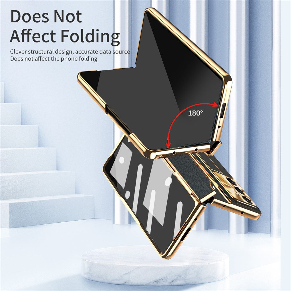 For Samsung Galaxy Z Fold7 5G Case Leather + PC Kickstand Phone Cover with Tempered Glass Film - Gold + Black