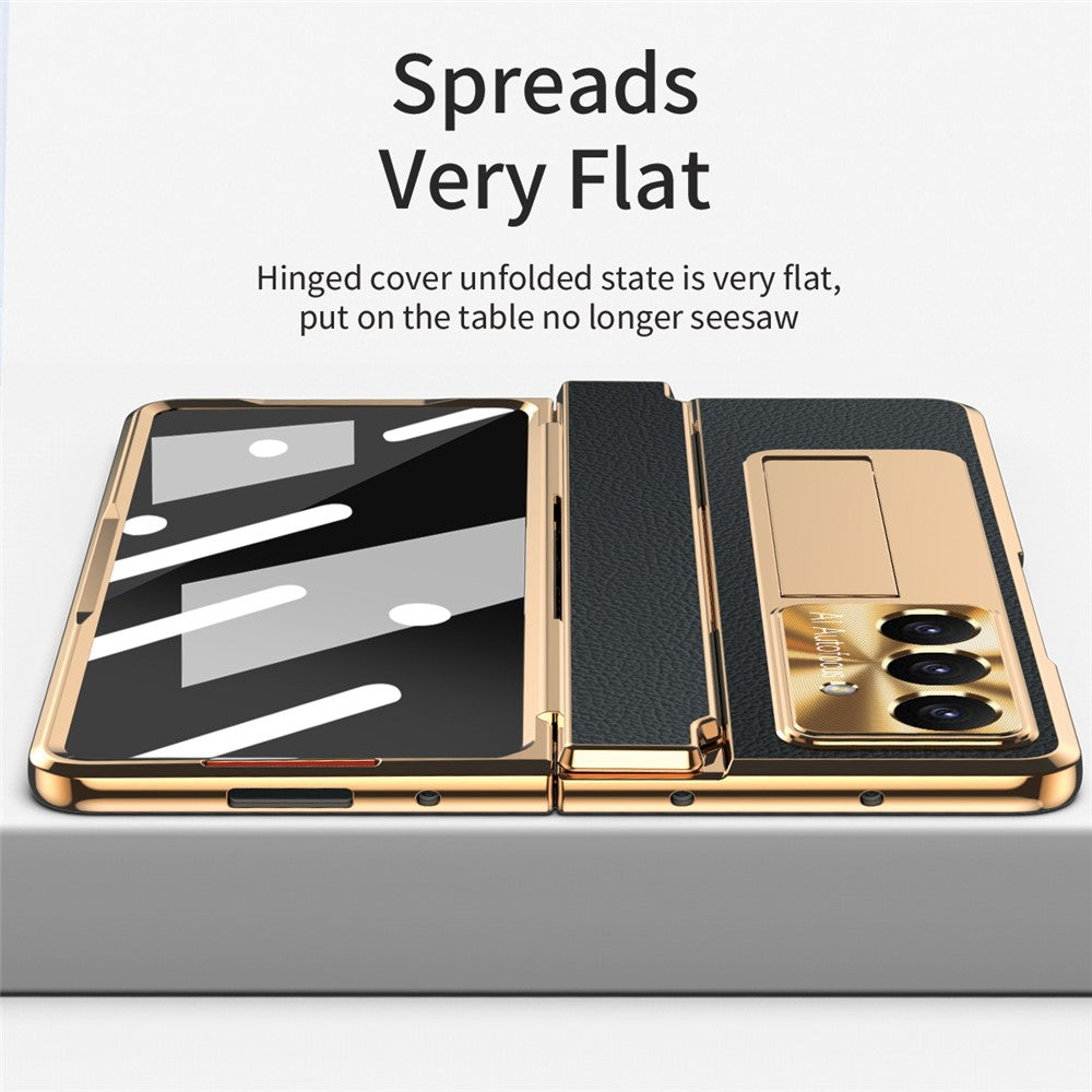 For Samsung Galaxy Z Fold7 5G Case Leather + PC Kickstand Phone Cover with Tempered Glass Film - Gold + Black