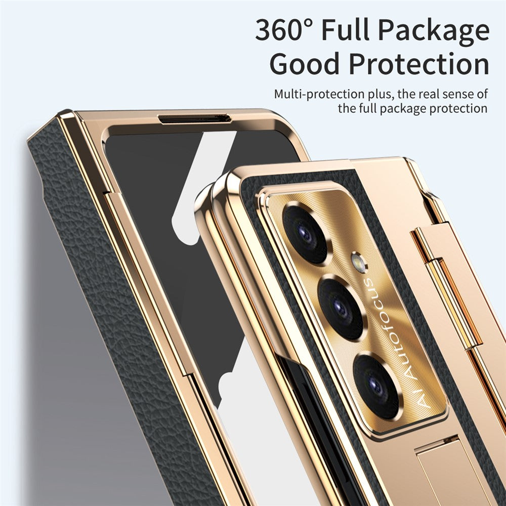 For Samsung Galaxy Z Fold7 5G Case Leather + PC Kickstand Phone Cover with Tempered Glass Film - Gold + Black
