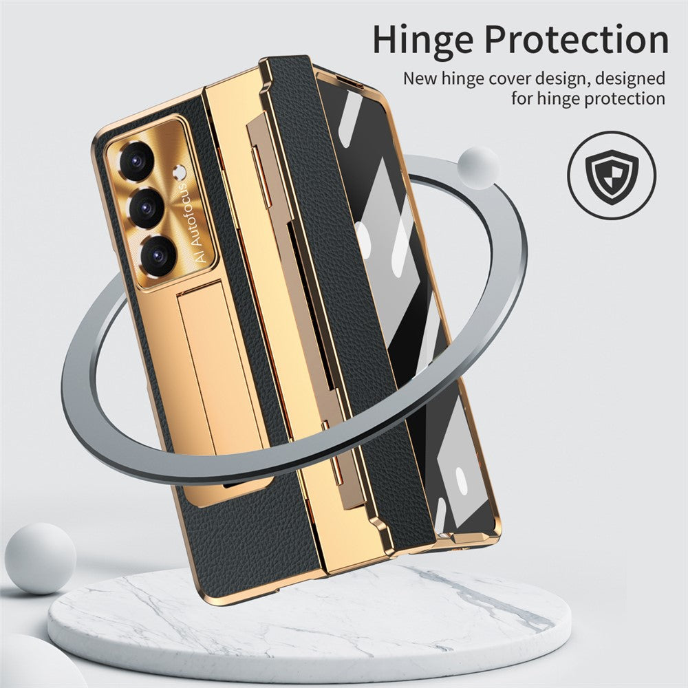 For Samsung Galaxy Z Fold7 5G Case Leather + PC Kickstand Phone Cover with Tempered Glass Film - Gold + Black