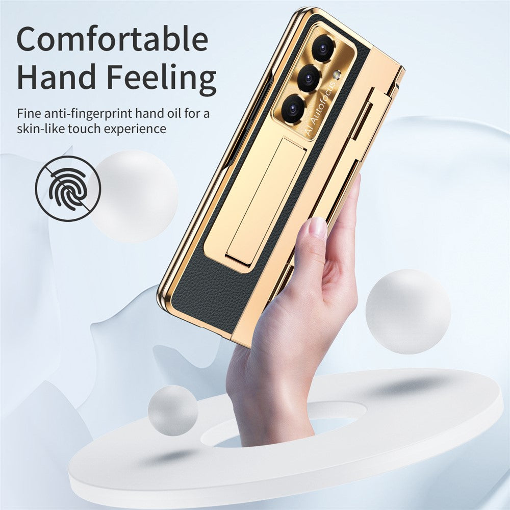 For Samsung Galaxy Z Fold7 5G Case Leather + PC Kickstand Phone Cover with Tempered Glass Film - Gold + Black