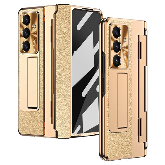 For Samsung Galaxy Z Fold7 5G Case Leather + PC Kickstand Phone Cover with Tempered Glass Film - Gold + Gold